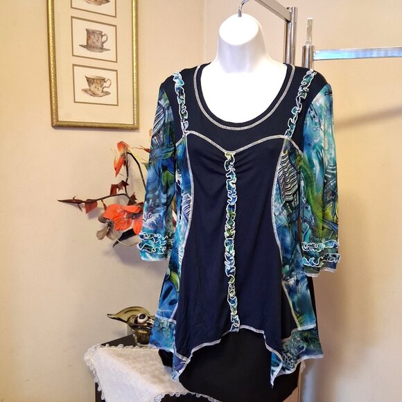 NWT Zoe Women's Navy-Blue Teal Patchwork Design Blouse ¾ Sleeve Top Size 10 M - Picture 2 of 9